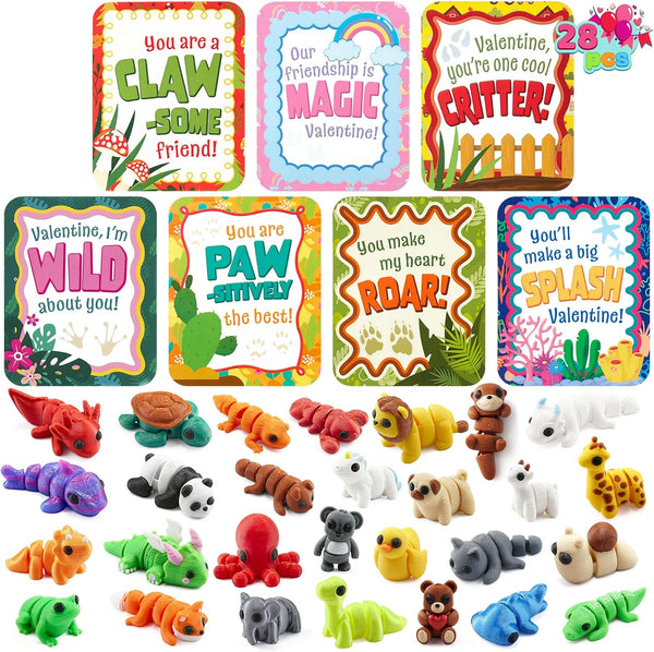 JOYIN 28 Pcs 3D Printed Mini Animals with Valentine Greeting Cards, Animals
