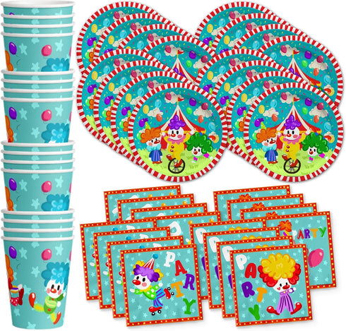 Clown Birthday Party Supplies Set, Circus 1st Birthday Tableware Kit for Kids Includes Plates Napkins Cups