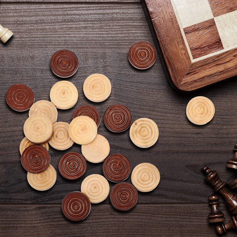 48 Pieces Wooden Checkers 1.06 Inch with Stackable Ridge in Drawstring Storage Pouch