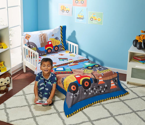 EVERYDAY KIDS 4 Piece Toddler Bedding Set - Under Construction - Includes