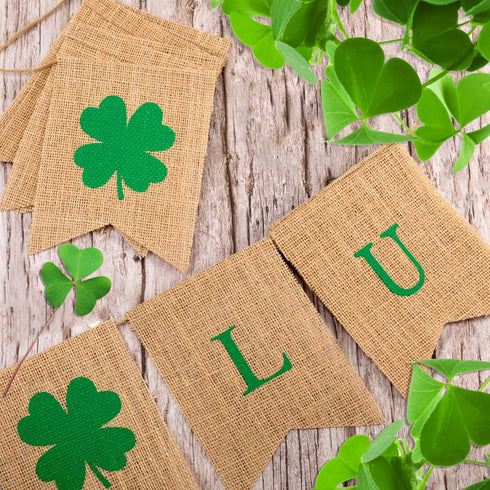 2 Pack St. Patrick's Day Shamrock Burlap Banner, Green Decor for Mantel Fireplace, Indoor Outdoor Party