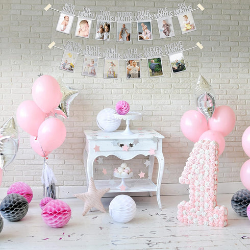 PartyHooman 1st Birthday Photo Banner for Baby, First Birthday Decorations Girl, Monthly Milestones Garland, Silver