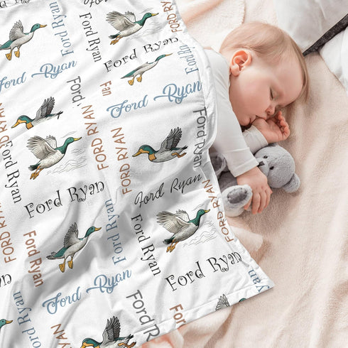 Novusopt Monogrammed Personalized Mallard Duck Baby Receiving Blanket for Boy or Girl Nursery, Soft Neutral Newborn