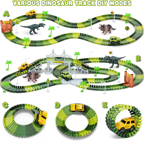 Dinosaur Tracks 271 PCS Set - Create a Dinosaur World Road Race with 2 Cars and 2 Dinosaur Toys for Ages 3-8