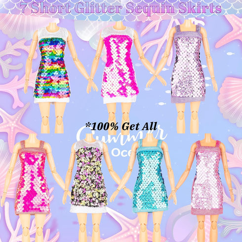 Glitter Sequin Mermaid Doll Clothes & Accessories - 12 Sparkly Glitter Party Dress, Crowns, Necklaces & Shoes