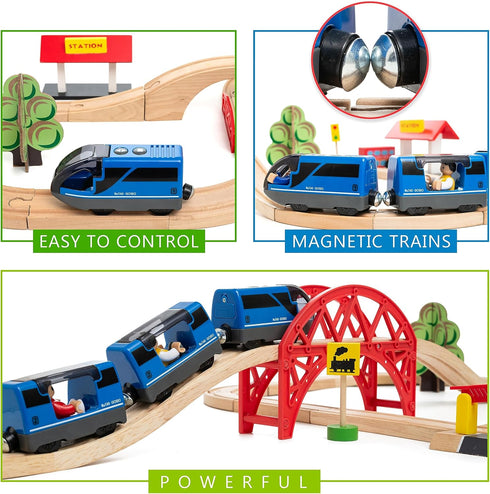 Battery Operated Action Locomotive Toy Train Set for Wooden Tracks, Compatible with Thomas & Brio for Toddlers 3-5+