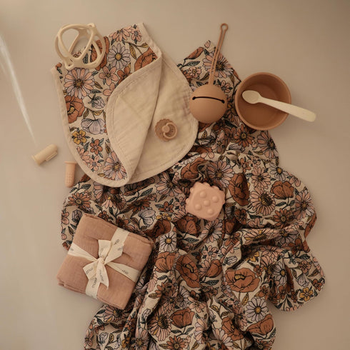 mushie Muslin Baby Swaddle Blanket, 100% Organic Cotton, Retro Flowers