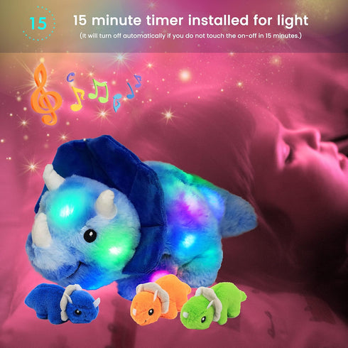Hopearl LED Musical Stuffed Dinosaur Playset - Mommy Triceratops with 3 Babies, Adjustable Volume Lullaby, Gifts for