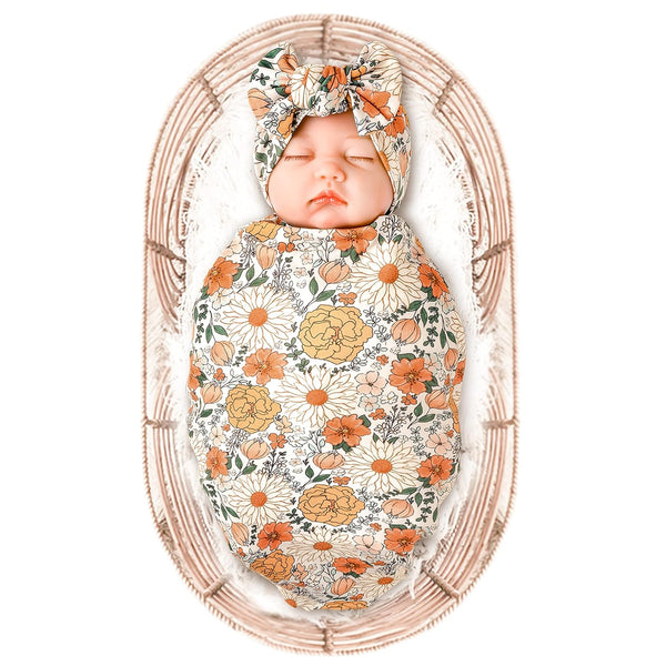 Konssy Baby Girl Newborn Receiving Blanket with Floral Motif Headband Set, Nursery Swaddle Wrap