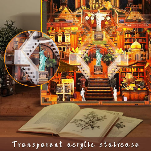 VORATHIS 3D Book Nook Kits for Adults The World Library Booknook Wooden Puzzle with LED Lights Creative Bookshelf
