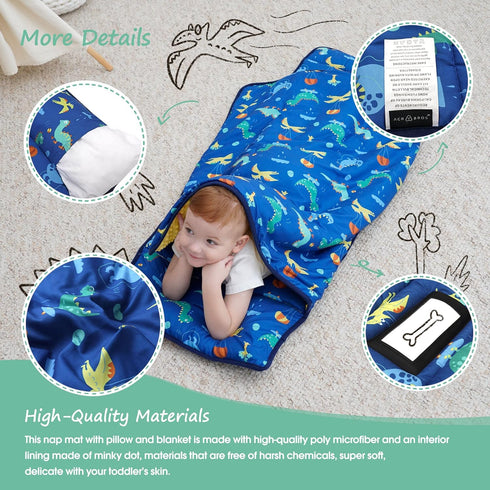 ACRABROS Toddler Nap Mat with Pillow and Blanket, Extra Large Dinosaur Napping Mats for Kids Daycare & Travel