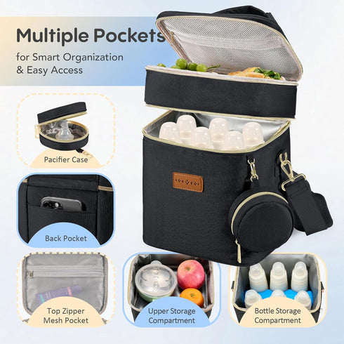Pack 6 Breastmilk Cooler Bag with Ice & Pacifier Case, Large Double Layer Insulated Baby Bottle Cooler Fits Bottles