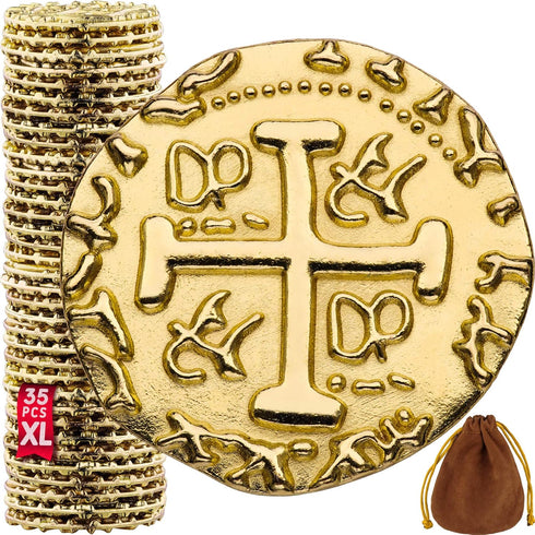 Large Metal Pirate Coins – 35 Gold Treasure Coin Set, Metal Replica Spanish Doubloons for Board Games