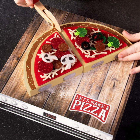 Playset 4 140 3-in-1 Let's Make a Pizza - Pretend Food with Wooden Pie Slices, Felt Toppings, Wood Roller