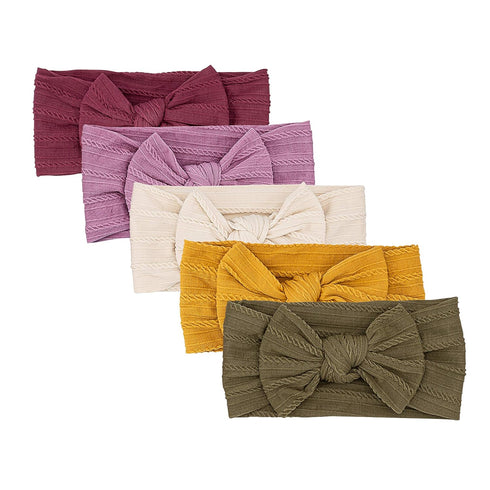 Parker Baby 5 Pack Cable Knit Nylon Headbands | Soft, Stretchy & Comfortable Bows for Girls | Adjustable Headwraps