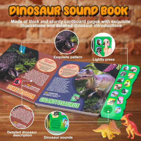 Dinosaur Toys with Sound Book and 12 Toy Figures, Interactive Educational Toys for Kids Ages 3-6