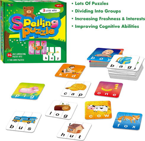 72 Word Spelling Puzzles - 3 Pieces with Error-Correction Mechanism, Perfect for Preschool Learning (36 Block Double