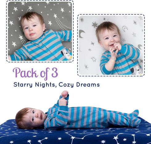 Fitted Pack n Play Sheets 3-Pack by GROW WILD, Baby Mini Crib Sheet for Boys or Girls, Blue White Gray Stars