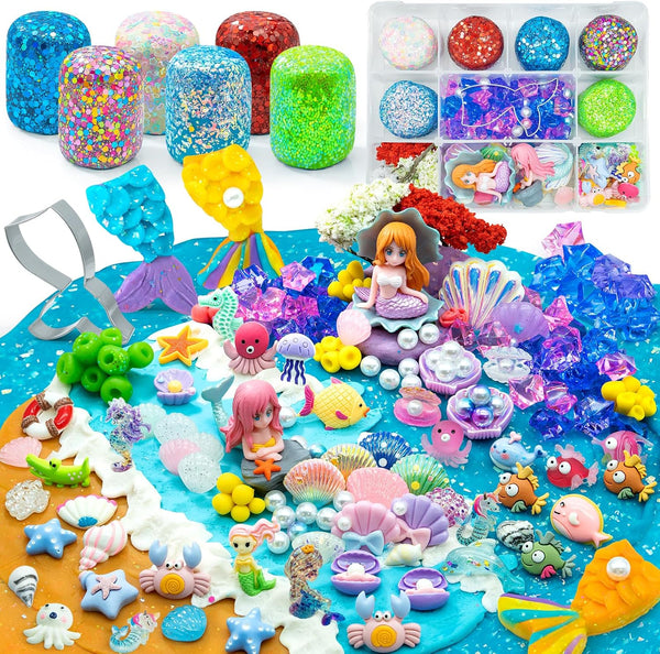SIMPLIPLAY Mermaid Sensory Kit, 18oz 6 Pcs Glitter Doughs with Accessories(150 Pcs+),