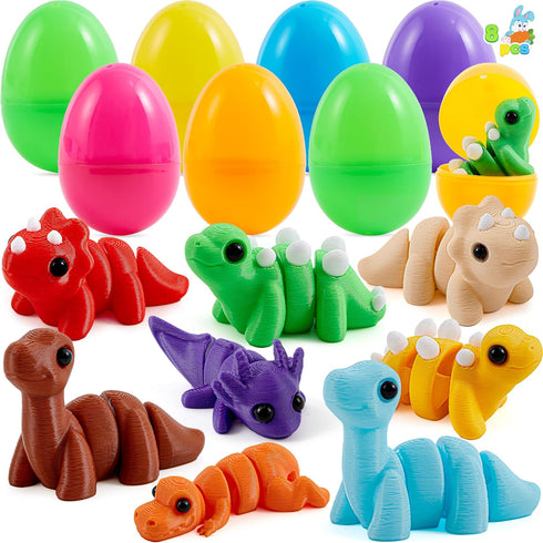 JOYIN 8 Pcs Prefilled Easter Eggs with 3D Printed Toys Mini Dinosaur,