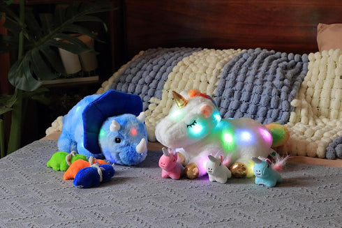 Hopearl LED Musical Stuffed Dinosaur Playset - Mommy Triceratops with 3 Babies, Adjustable Volume Lullaby, Gifts for