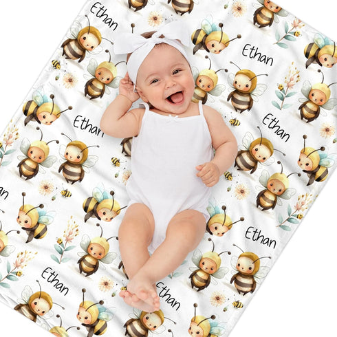 Novusopt Custom Blanket with Name,Personalized Bee Swaddle Blanket Baby Boy Girl Receiving Blankets Neutral Gift