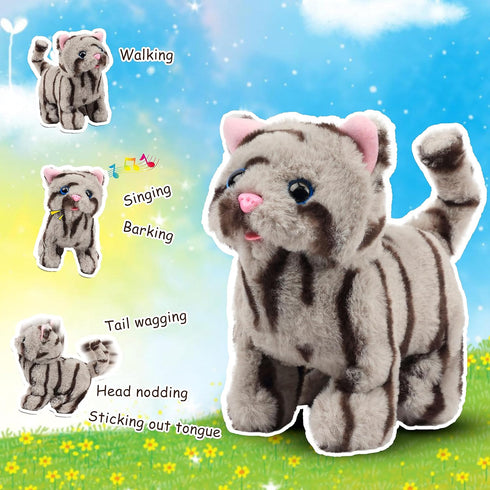 Easfan 9’’ Walking Kitty Plush Toy - Electric Interactive Cat Stuffed Animal with Meowing Tail and Nodding Head