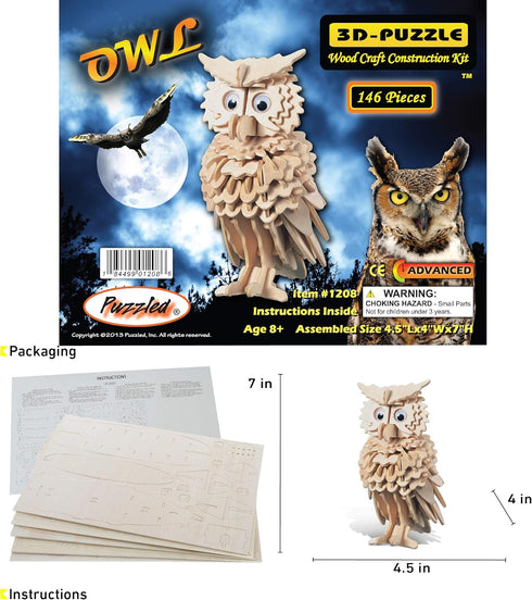 Puzzled 3D Puzzle Owl Wood Craft Model Kit, Fun & Unique Educational DIY Wooden Toy, 146 Pieces Pack to Build & Paint