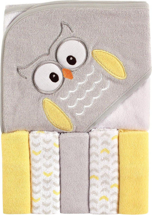 (Pack 3) Luvable Friends Unisex Baby Hooded Towel with Five Washcloths, Owl, One Size