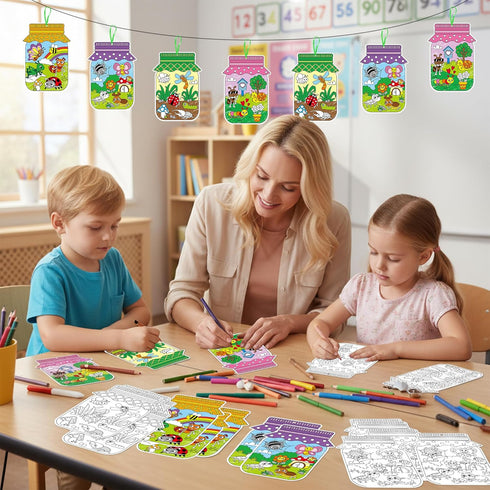 CY2SIDE 80PCS Summer Spring Bugs Jar Coloring Kit - Color Your Own Bug Hanging Ornaments with Ribbon, Spring Insect