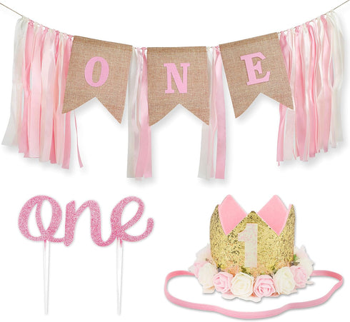 1st Birthday Girl Decorations WITH Crown - 1 Year Old Baby First Birthday Decorations - Princess Theme Cake Smash Party