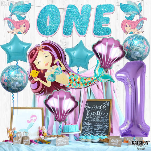 Mermaid First Birthday Decorations for Girl, 40 Inch 1 Balloon, Glitter One Banner for Mermaid Party
