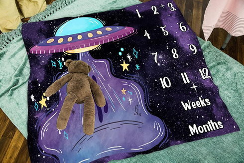Space Baby Monthly Milestone Blanket, UFO Astronaut Growth Chart Blanket, 48x40 Inch Memory Swaddling Blanket BTLSLY259