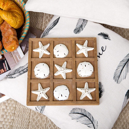 NIKKY HOME Beach Tic Tac Toe Wood Board Travel Game for Fun, 8.97 by 8.97-in Distressed White