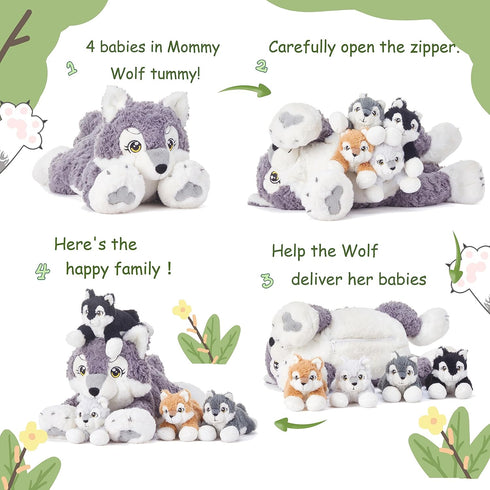 IKASA Mommy Wolf Stuffed Animal, 18" Soft Plush Toy with Mini Babies, Cute Family Set, Gifts for Kids