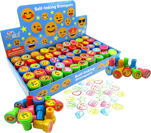 Tiny Mills 50 Pcs Emoji Assorted Stamps - Self-Ink Stamps for Kids, 50 Different Designs for Party Favors