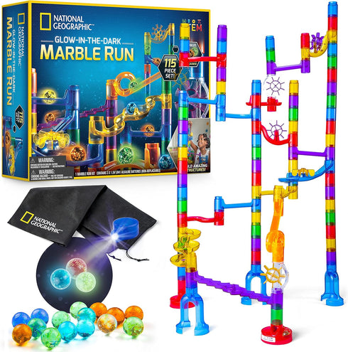 NATIONAL GEOGRAPHIC Glowing Marble Run – 115 Piece Construction Set with 25 Glow in The Dark Marbles