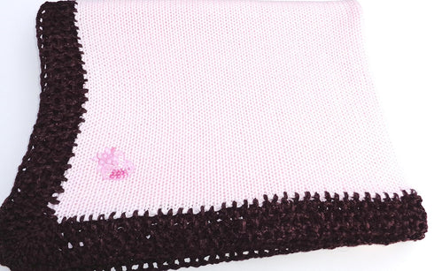 Gita Knitted Baby Pink Cotton Crochet Finished with Dark Brown Chenille Blanket Trimmed