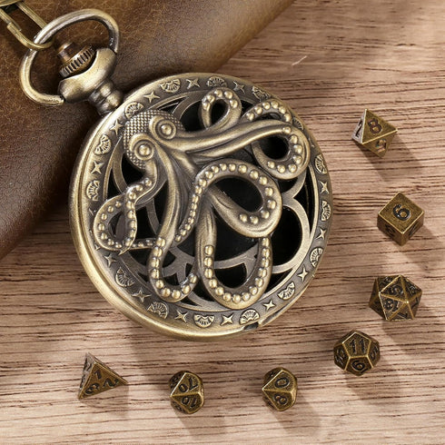 Mini DND Dice Set: 7pcs Polyhedral Metal D&D Dice with Steampunk Hollow Octopus Pocket Watch Shell Case