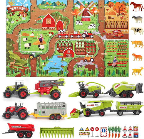 Oriate Farm Tractor Set, 34 Piece Die Cast Vehicle Playset, Large Tractors Toy for Kids Birthday Gift
