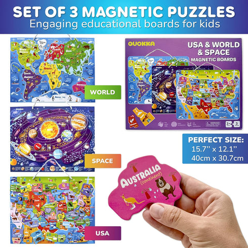 QUOKKA Magnetic Toddler Puzzles for Ages 3-5 - 3 Educational Travel Games - Space, USA, World Map Learning Toys for