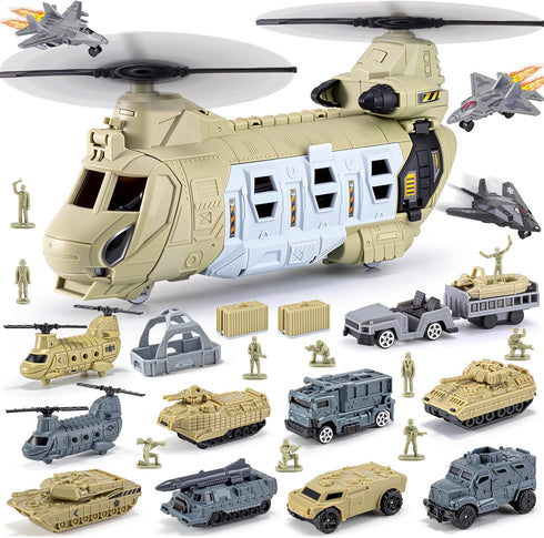 XDUOYJOY Military Helicopter Toys Set, Army Airplane Toys with Vehicles, Trucks, Tanks,