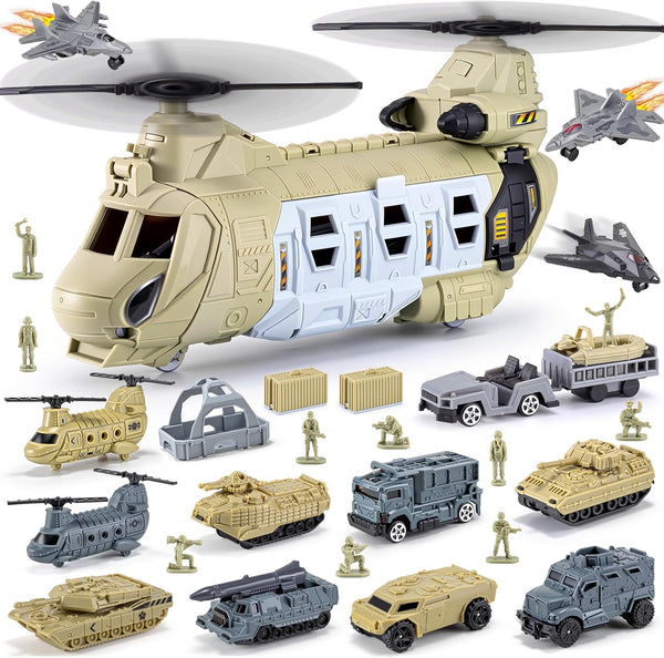 XDUOYJOY Military Helicopter Toys Set, Army Airplane Toys with Vehicles, Trucks, Tanks,