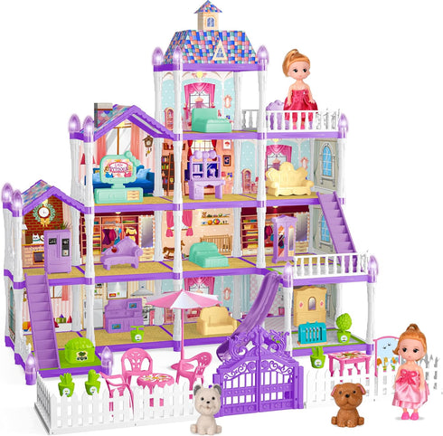 OCTERIC Doll House for Girls ,13 Rooms Doll House with 2 Dolls, Lights,