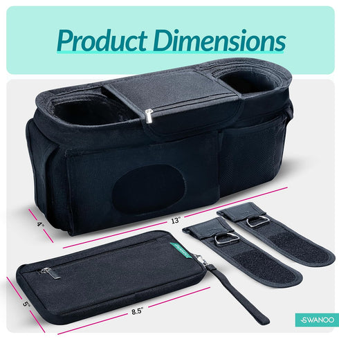 v2 Swanoo Stroller Caddy Organizer With Cup Holder, Non Slip Straps Bag for Phone, Pet Stroller Accessories, Universal