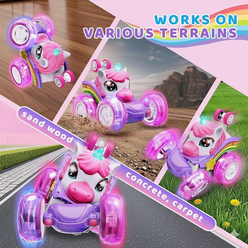 HudinFunC 360 Lights,4WD 3 4 5 6 Unicorn Remote Control Car for Girls, Rechargeable Rotating Stunt RC Car with LED