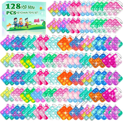 128 Pcs Pop Fidget Keychain It Fidget Toys Bulk, Mini Fidget Push Pop Keychain Toys for Kids and Adults Classroom Prizes
