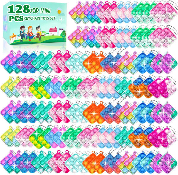 128 Pcs Pop Fidget Keychain It Fidget Toys Bulk, Mini Fidget Push Pop Keychain Toys for Kids and Adults Classroom Prizes