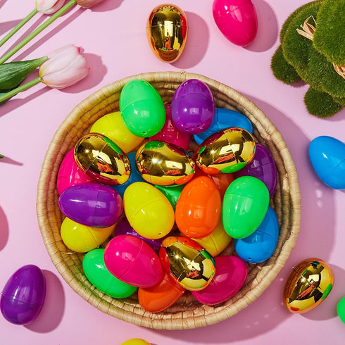 150PCS 2.3" 144PCS 6PCS JOYIN Easter Eggs, Plastic Colorful with Golden Eggs Bulk Empty Fillable for Easter Hunt Party