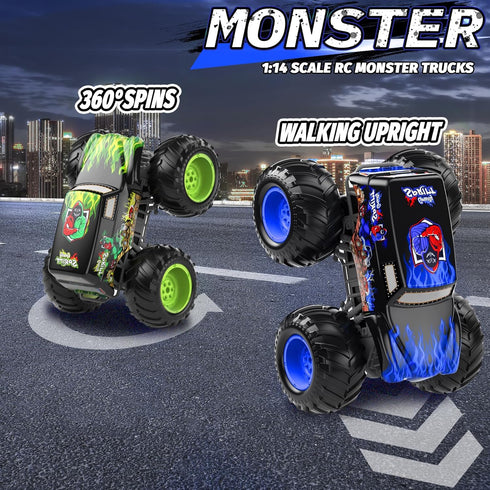 1:14 2 Sets 4WD 6-12 Waterproof Remote Control Car, Front & Rear Wheelie Monster Truck, Amphibious RC Truck